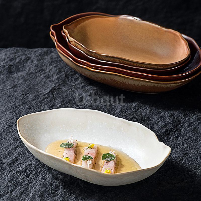 Elegant western style red blue green plate irregular ceramic creative oval salad tray deep dish ellipse fish japanese dish set