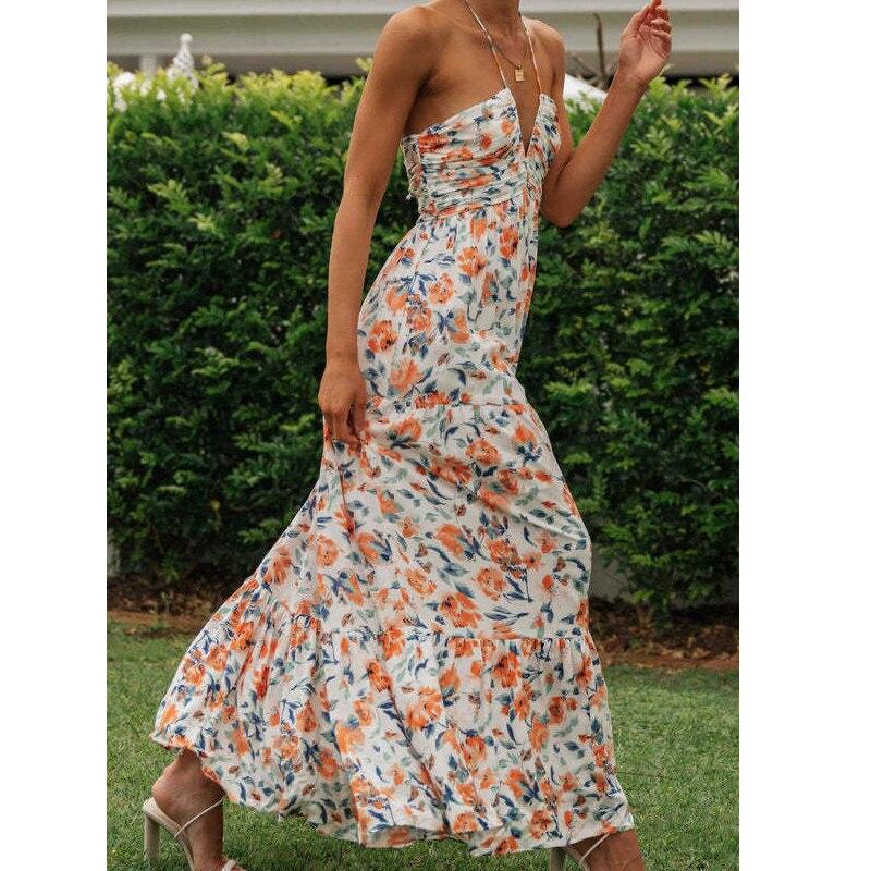 Summer Chiffon V-neck Sleeveless Long Dress For Holiday Sexy Flower Printed High Waist Loose Beach Dress Women Vestidos 25318