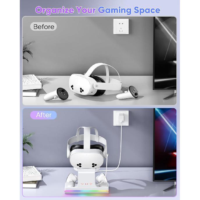 Charging Dock for Meta Quest 3 & Quest 3S, Fast Charging Station for Oculus Quest 3S/Quest 3 Accessories with RGB Light, Stand for VR Heatset with 2