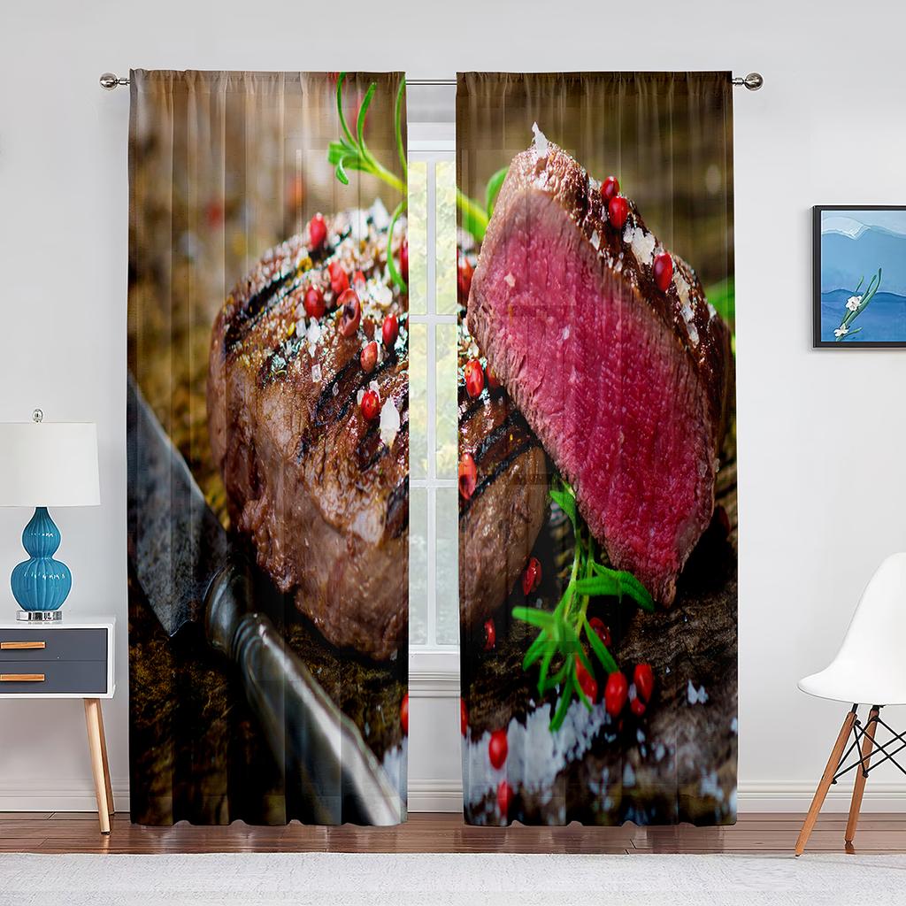 Delicious Steak Beef Food Tulle Curtains for Living Room Bedroom Decoration Modern Chiffon Sheer Voile Kitchen Window Curtain