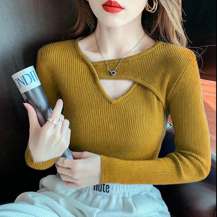 Dámská košile Slim Fit s tenkým spodním lemem Módní dutý jednobarevný svetr Velký svetr s dlouhým rukávem