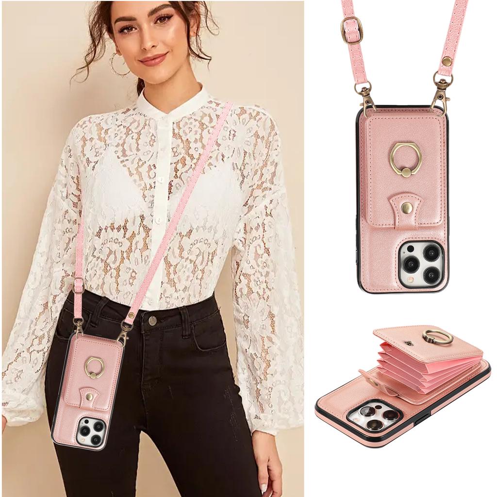 Crossbody Cards Solt Wallet Leather Case For iPhone 16 Pro Max 15 Plus 14 13 12 11 16e Ring Holder Kickstand Package Bag Cover