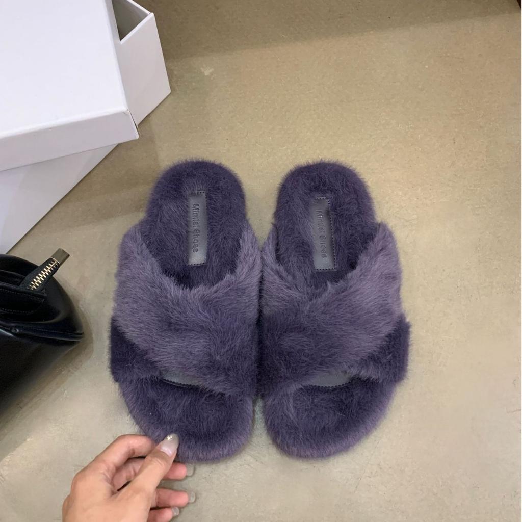 M68-8~ Platform-soled French cross-strapped open-toed fluffy slippers for women's shoes, new for autumn and winter 2025
