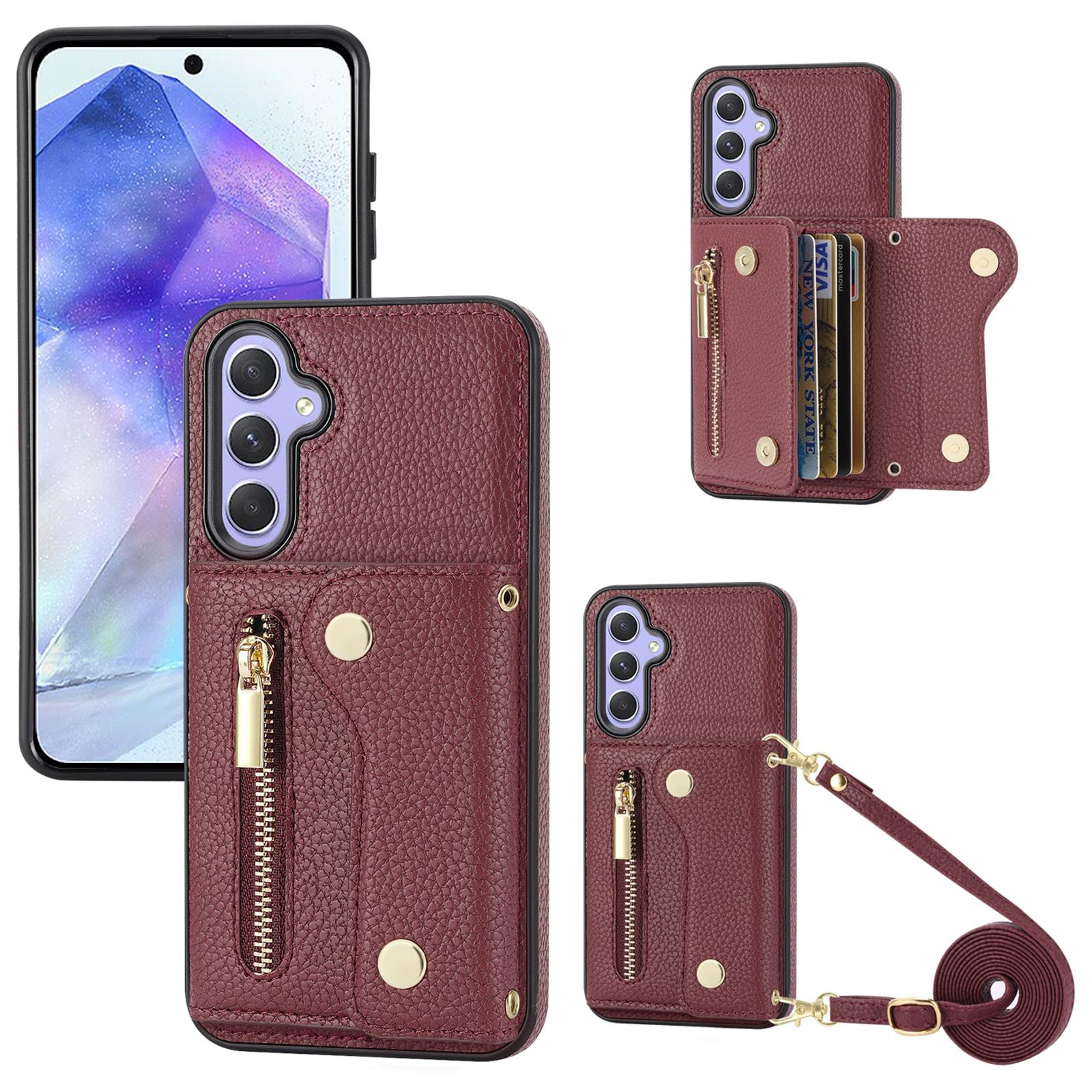 

Wallet Case for Samsung Galaxy A55 5G DF-09 Anti-drop Crossbody Card Holder Cover Wine Red