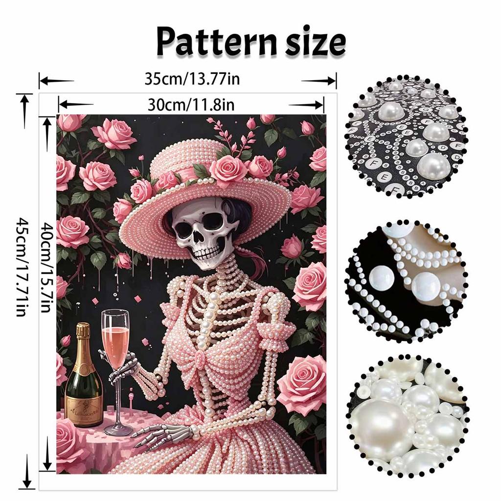 DIY Frameless Pearl Art Kit Pink Rose Skeleton Lady Design 3D Bead Painting Canvas Relaxing Handmade Craft for Home Decor Wall Art