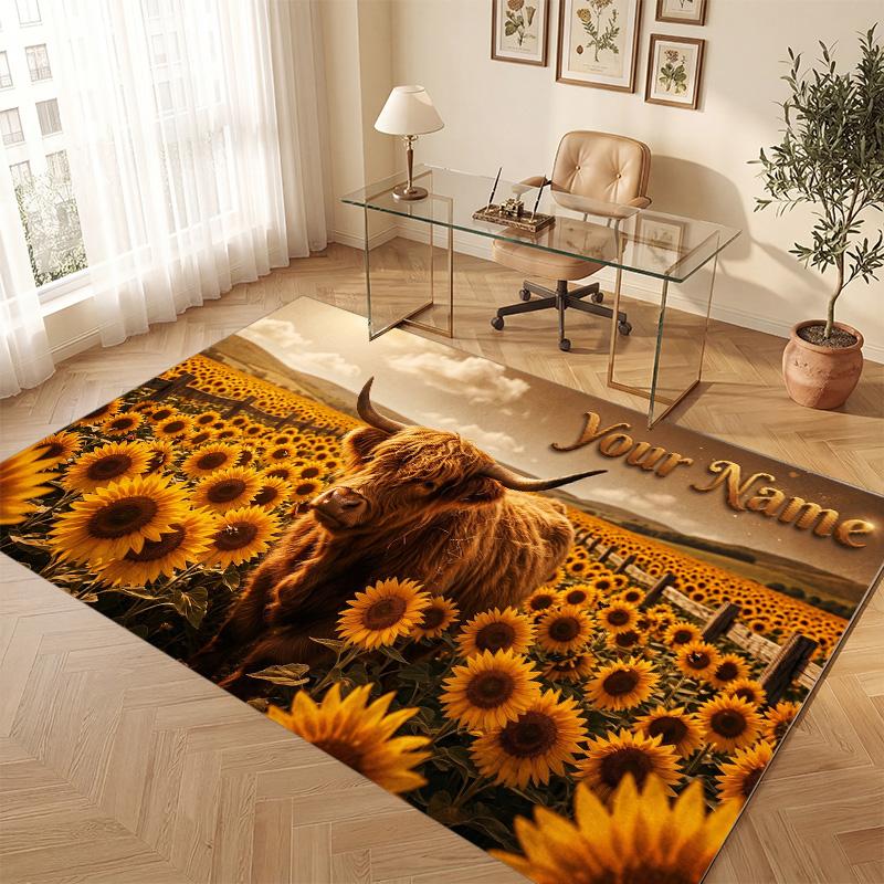 Highland Cow Theme Soft Crystal Velvet Rug Custom Name & Text Print Non Slip Floor Rug for Bedroom Living Room