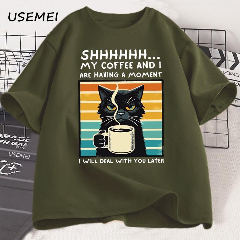 Funny Coffee Cat TShirt Summer Cotton Short Sleeve Cat Mama T Shirt Coffee Lover Tee Shirt Retro Cat T Shirt Unisexs Clothes