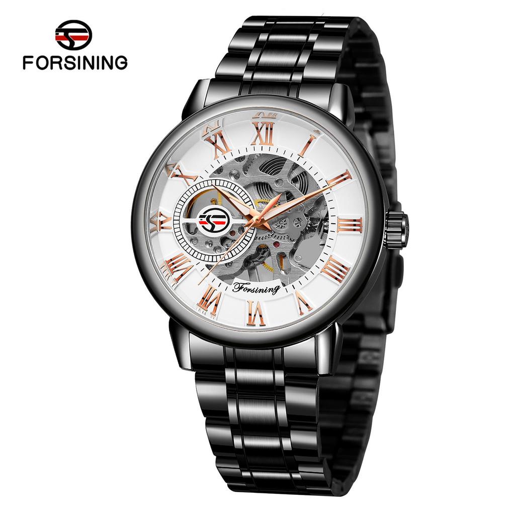 Forsining Men'S Fashion Casual Steel Belt Roman Hollow, Mechanical Watch