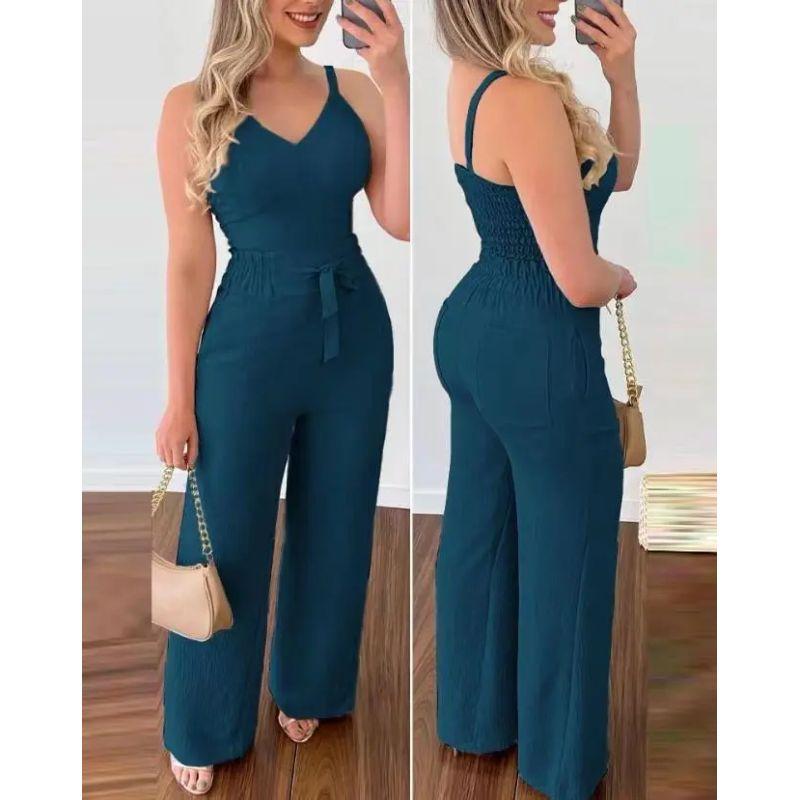 

Summer European and American Sexy Short Vest Backless Sling V-neck High Waist Straight Pants Casual Set Casual Suit Blue L