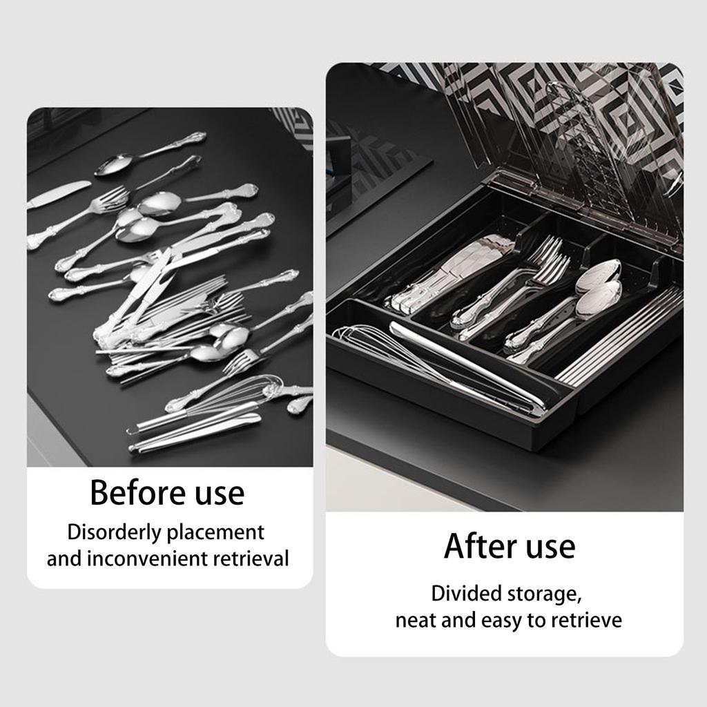 Countertop Utensil Holder With Lid, Plastic Silverware Tray For Drawer, 5 Compartments Flatware Organizer