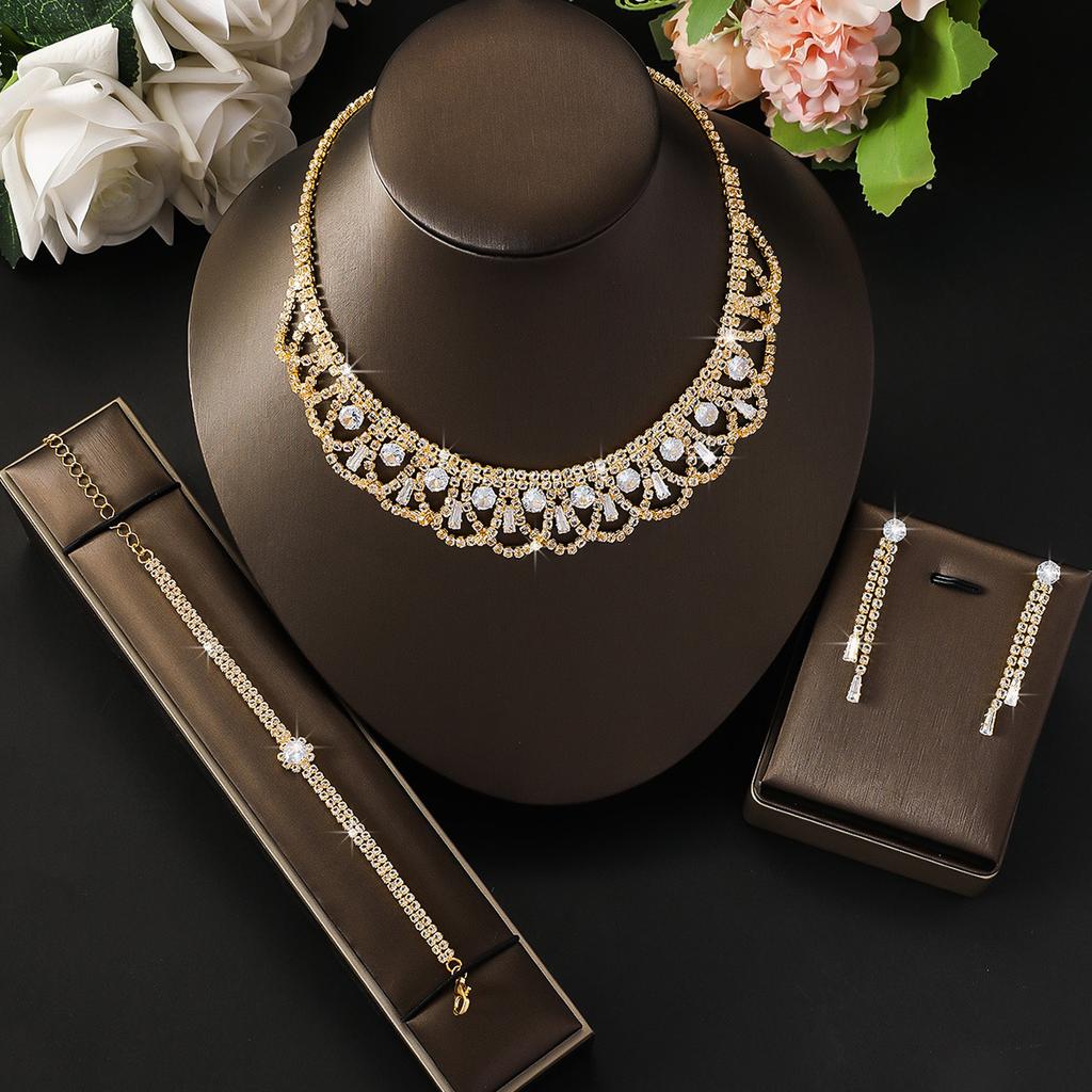 Full Diamond Rhinestone Necklace Earrings Delicate Clavicle Chain Earrings Two-Piece Set