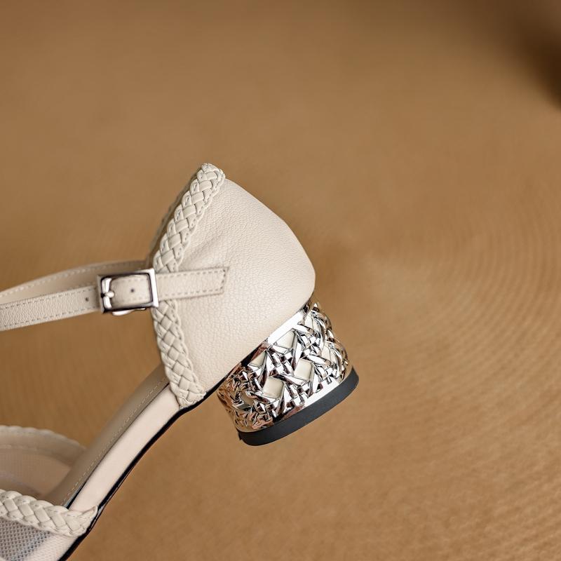 Fashion Women's new summer leather cowhide mesh elastic band breathable hollow out middle heel bag with toe cap Roman sandals