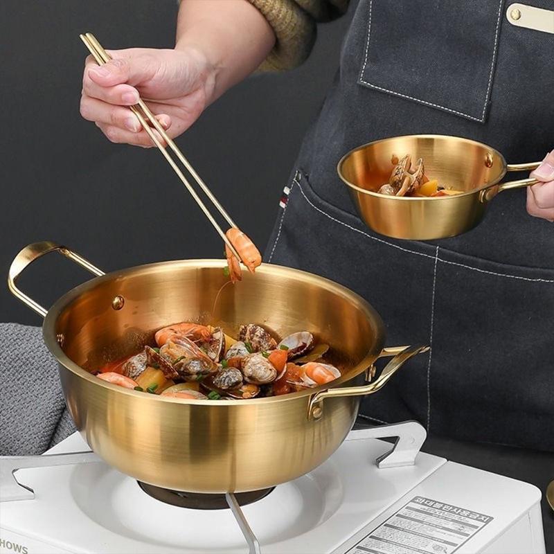 Korean Style Ramen Pot Stainless Steel With Lid Soup Pot Gold Plated Double Ear Hot Pot Camping Cookware