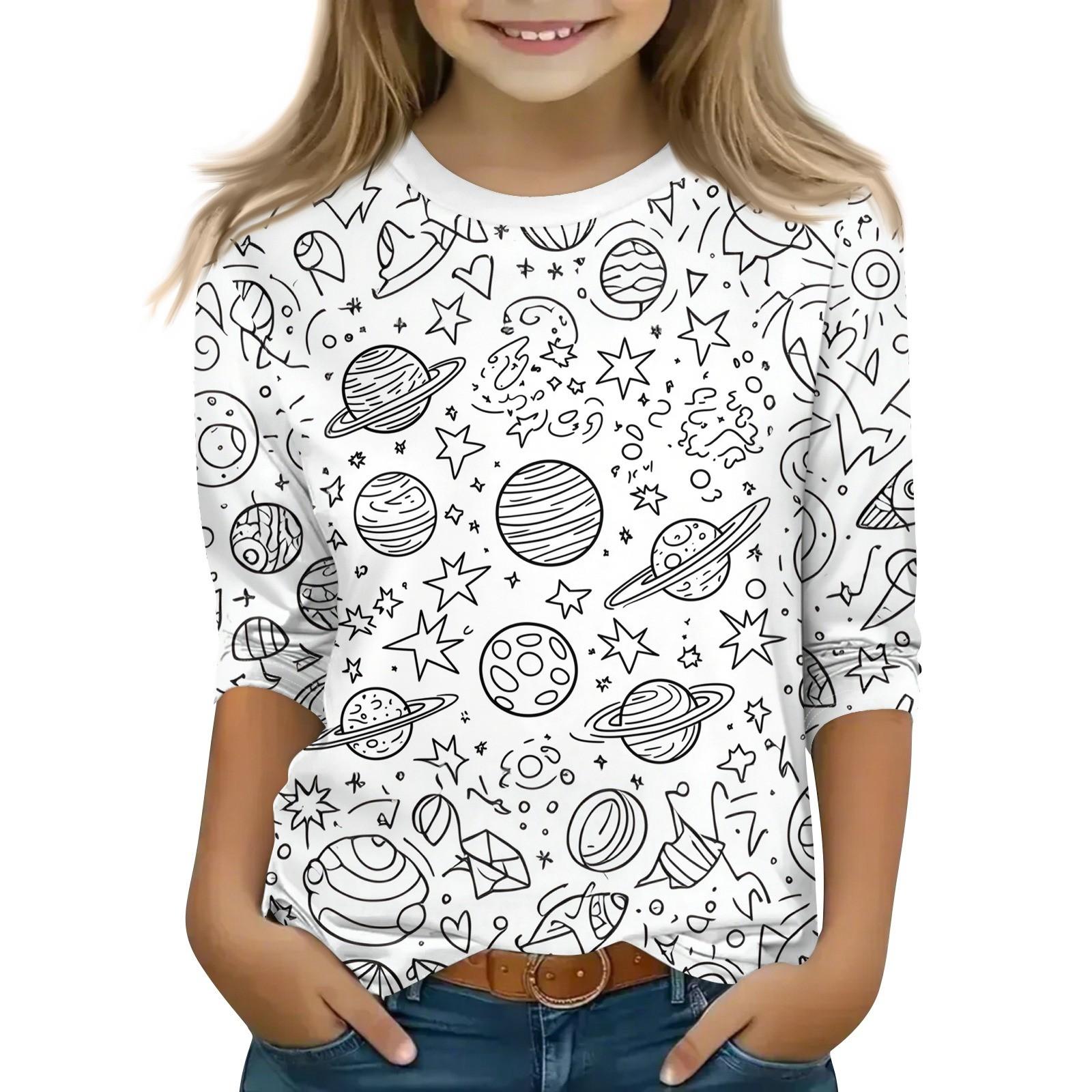 

Детские топы с рукавами 3/4, футболка с принтом, круглый вырез, пуловер, блузка, детские раскрашенные вручную цветные топы 140