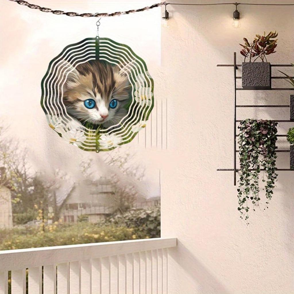 10 Inch Hanging Wind Spinner with Cute Cat Design 360 Degree Rotating Metal Wind Chime for Outdoor Garden Lawn Patio Decor Perfect Gift for