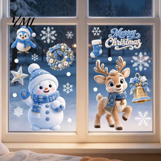 Cute Cartoon Penguin Stickers 4Pcs Christmas Static Window Clings, Blue Santa Snowman Reindeer Seasonal Home Accents Stickers, Reusable Double