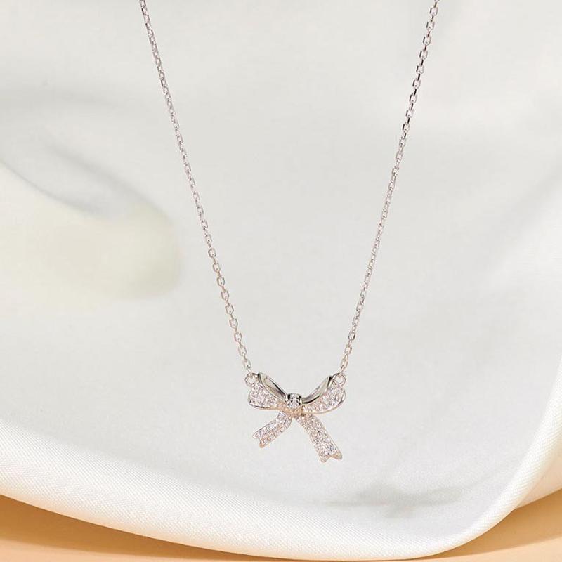 Trendy Fine Gold Color Bowknot Rhinestone Chain Pendant Necklace For Women Temperament Jewelry Shiny Crystal Wedding Gift