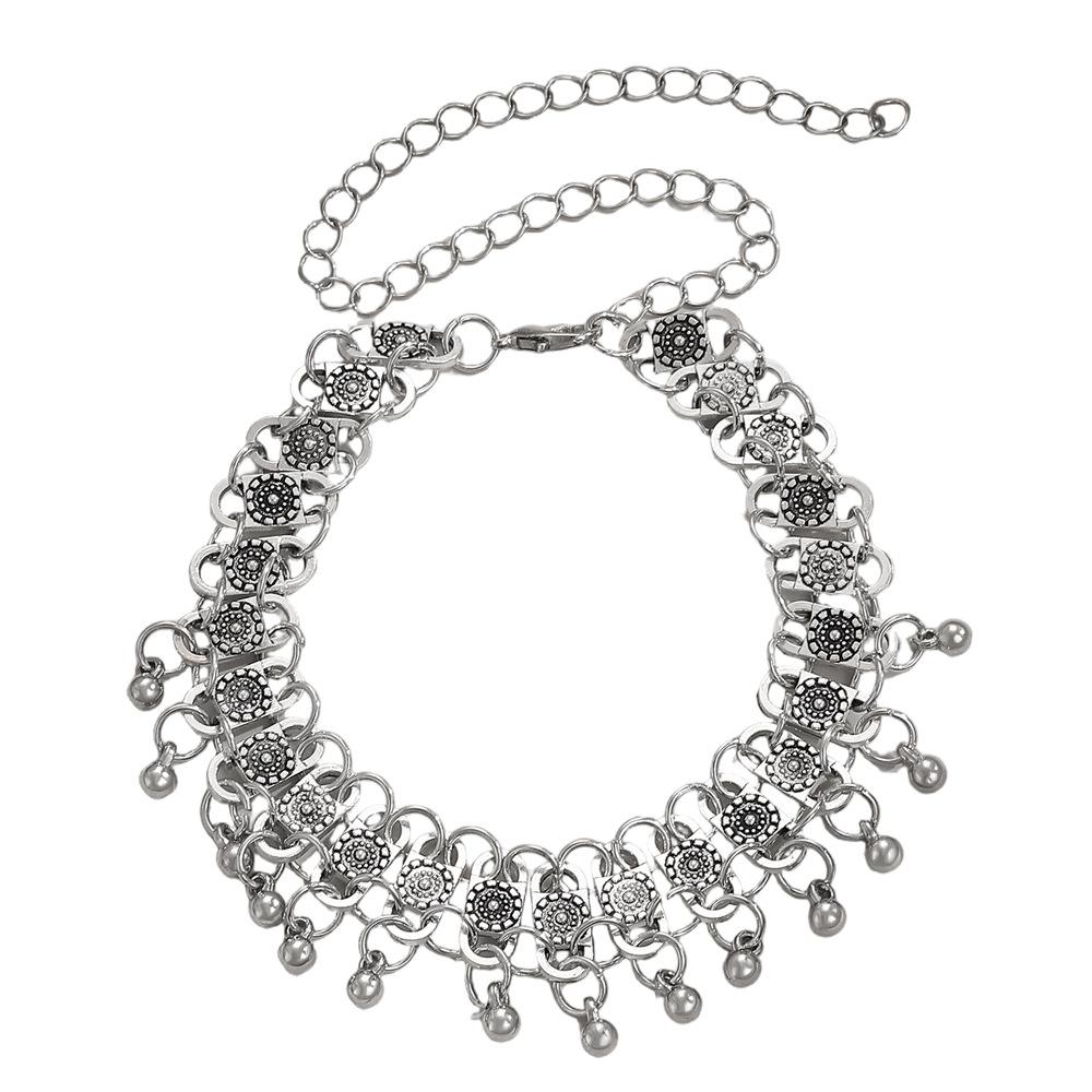 Vintage Silver Plated Bell Choker Necklace, Boho Floral Engraved Drop Choker for Women