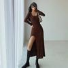 YPFF New Autumn Women's Slim Fit High Slit Long Sleeve Dress - Elegant, Sexy Solid Color Skirt