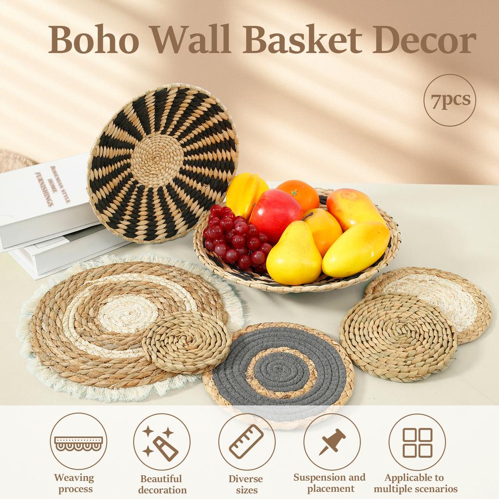 7Pcs Round Bohemian Woven Wall Basket Decor Handmade Woven Wall Decor for Home Hanging Bohemian Home Wall Art Decoration