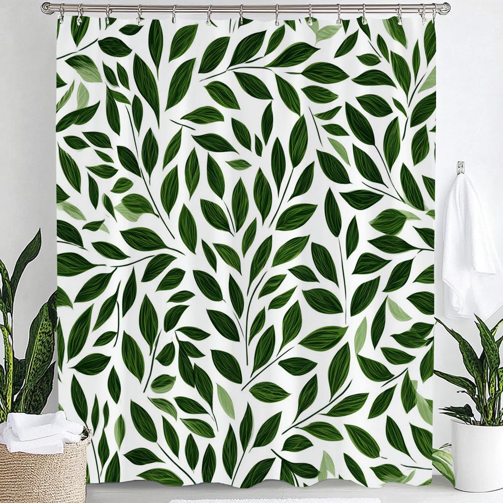 

Emerald Green Leaf Shower Curtain,Modern Abstract Palm Leaves Tropical Monstera Bathroom Curtain Home Decoration With Hooks W60H190(CM)-1 Pcs