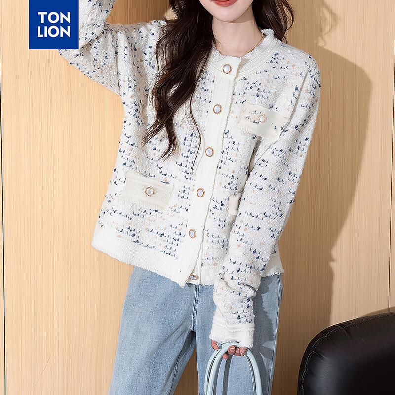 TonLion Women's Elegant Tweed Round Neck Cardigan
