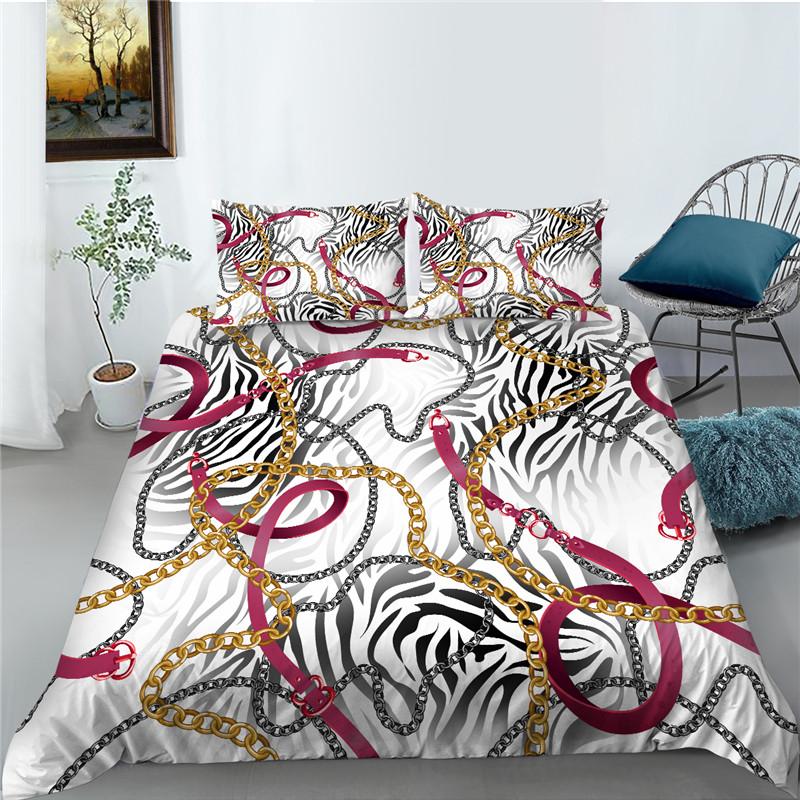 Bettbezug-Set mit Leopardenmuster, Mikrofaser, europäischer Retro-Klassiker, Druck, Doppelbett-Bettbezug mit Leopardenmuster und Goldkette, Kingsize