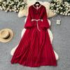 French High-end Heavy Industry Nail Drill Hollow Round Neck Three-dimensional Flower Lantern Sleeve Strap Waist Pleated Chiffon Dress