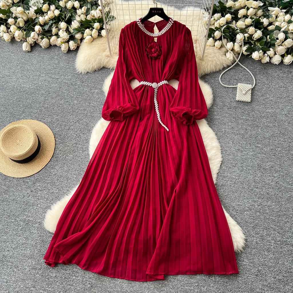 French High-end Heavy Industry Nail Drill Hollow Round Neck Three-dimensional Flower Lantern Sleeve Strap Waist Pleated Chiffon Dress