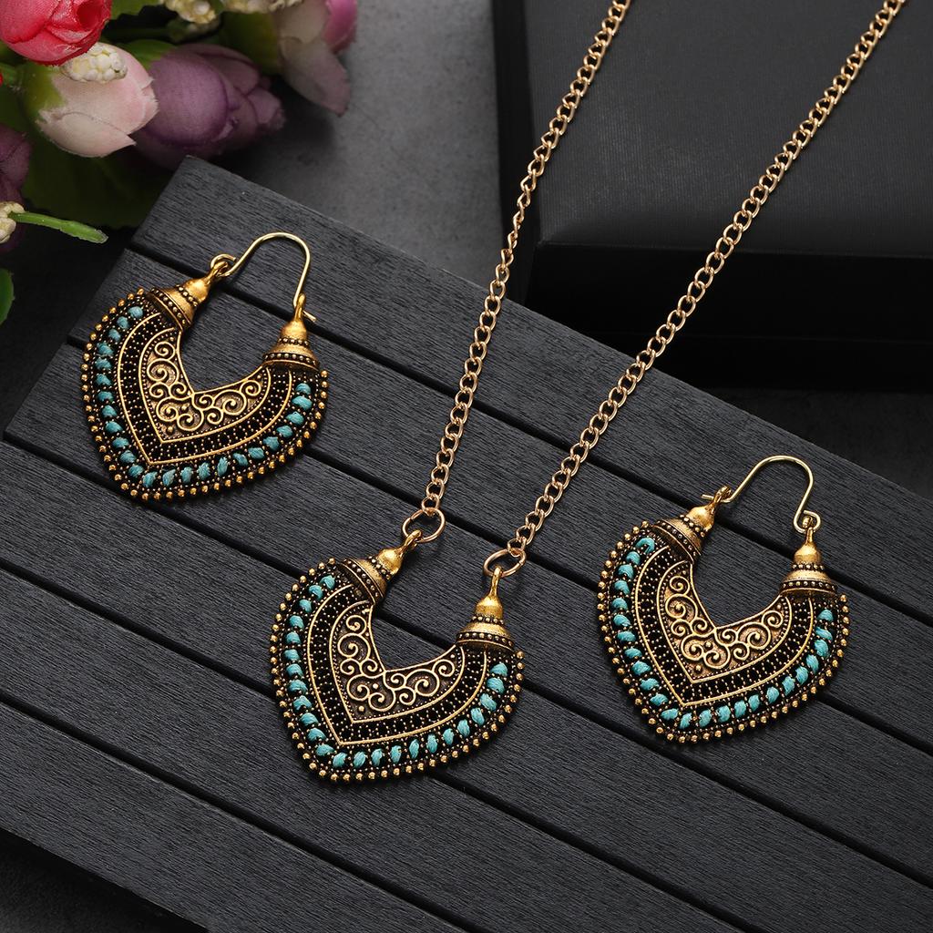 Vintage Ethnic Gold Color Drop Earrings Necklace for Women Heart Shape Statement Earrings Bohemian Rope Wrap Zircon Bijoux
