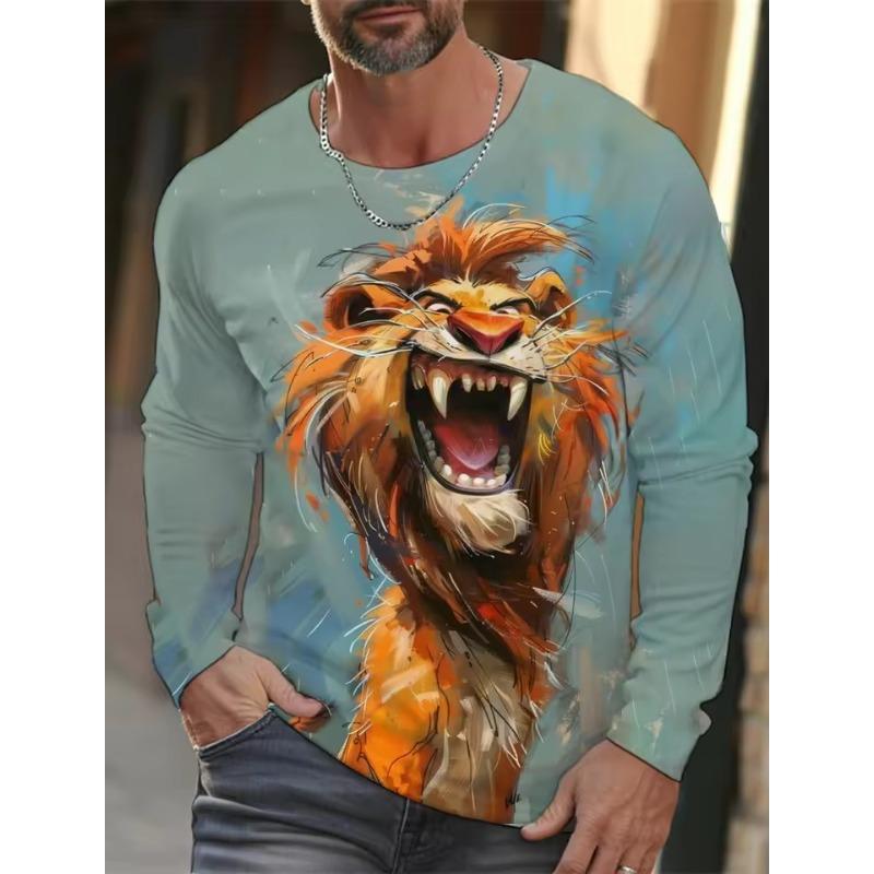 Funny Animal Design Retro Men 3D Printing Street Casual Daily Gray Longsleeved Round Neck Shirt Spring and Autumn Clothing