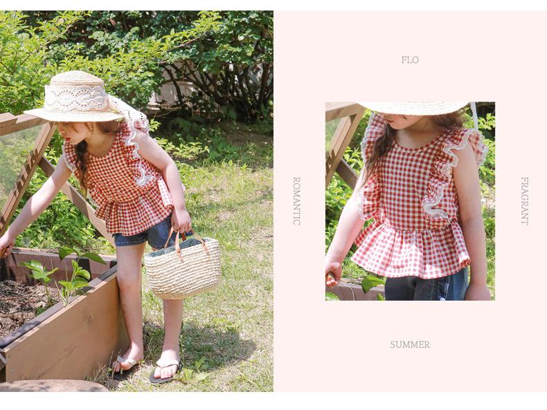 Mädchen Karierte Rüschen Ärmellose Weste - Sommer 2024, Reine Baumwolle, Alter 3-10