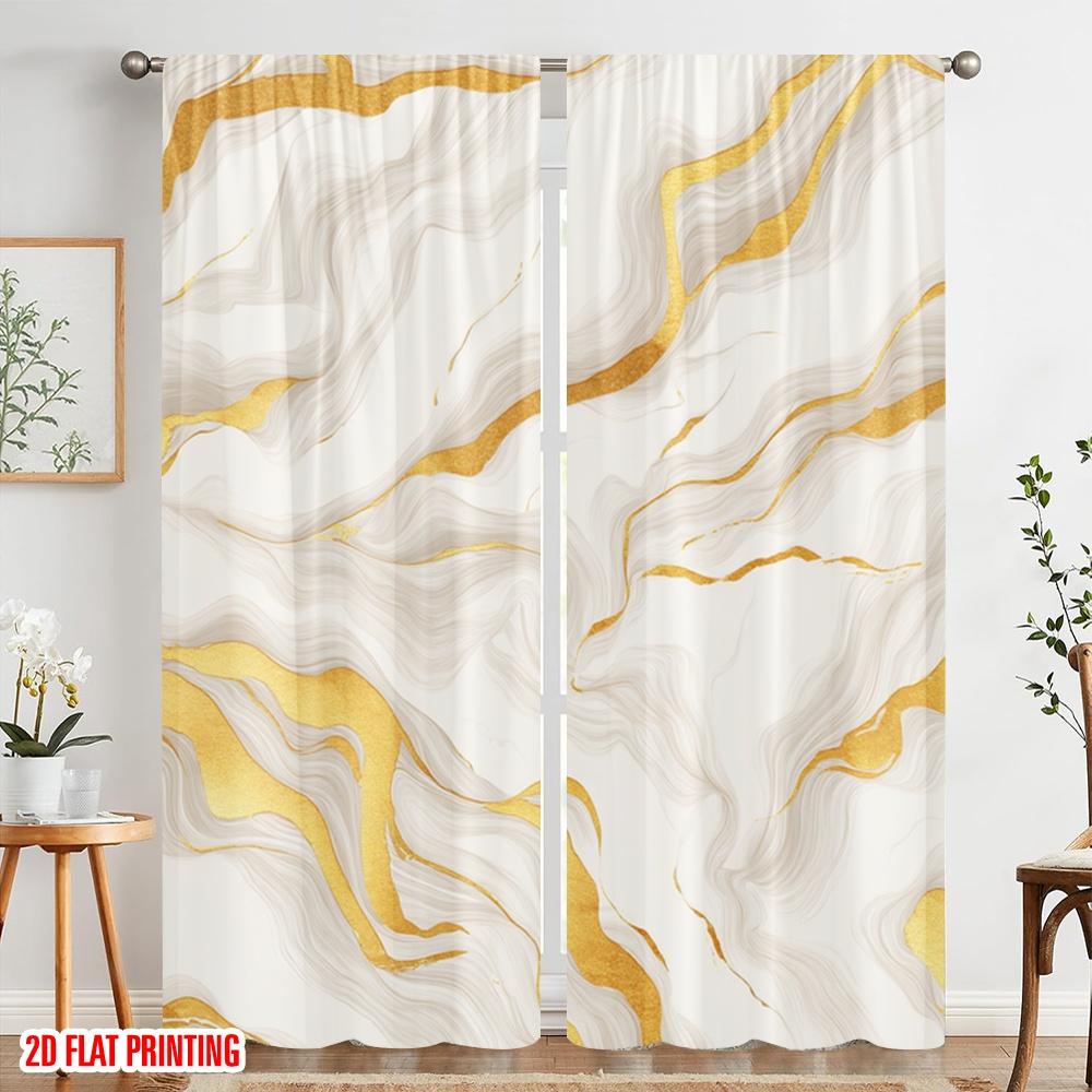 2pcs,2D Plane Printing Minimalist Curtains Golden Swirling Strokes Polyester (without Rod) Gifts Use for Bedroom, Living Room,