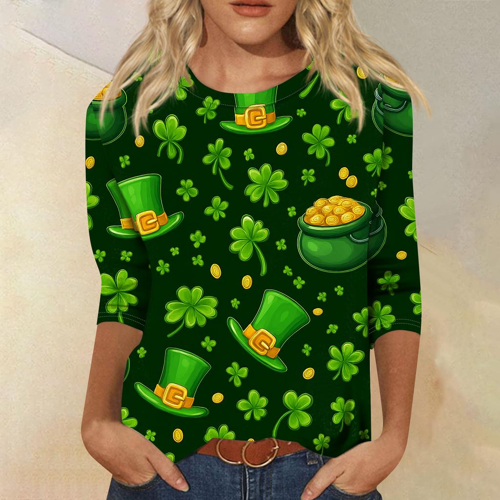 Women's Fashionable Casual Three-quarter Sleeve  Printed Round Neck Top