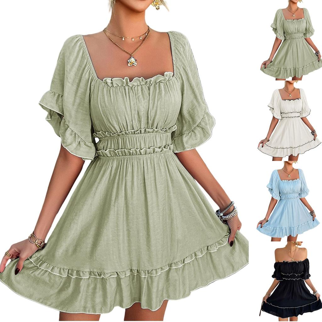 Women's Casual  Loose Black Fungus Edge Short Sleeved Dress Short Skirt  Short Skirt