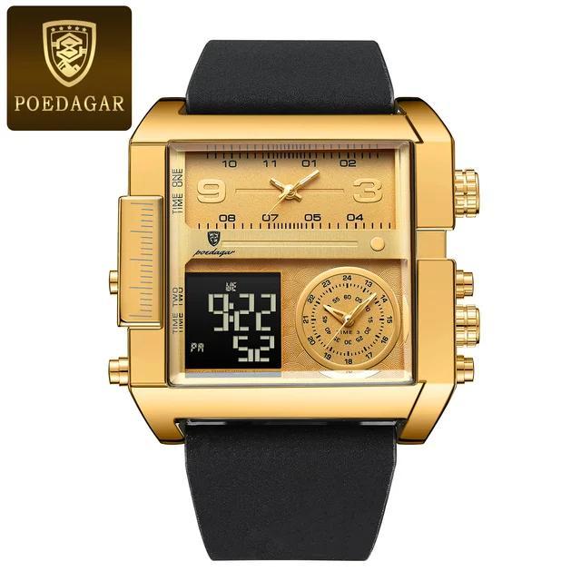 

POEDAGAR Auto Day Week Digital Dual Display Многофункциональные кварцевые часы Роскошные мужские прямоугольные водонепроницаемые светящиеся наручные часы чёрный/золотой