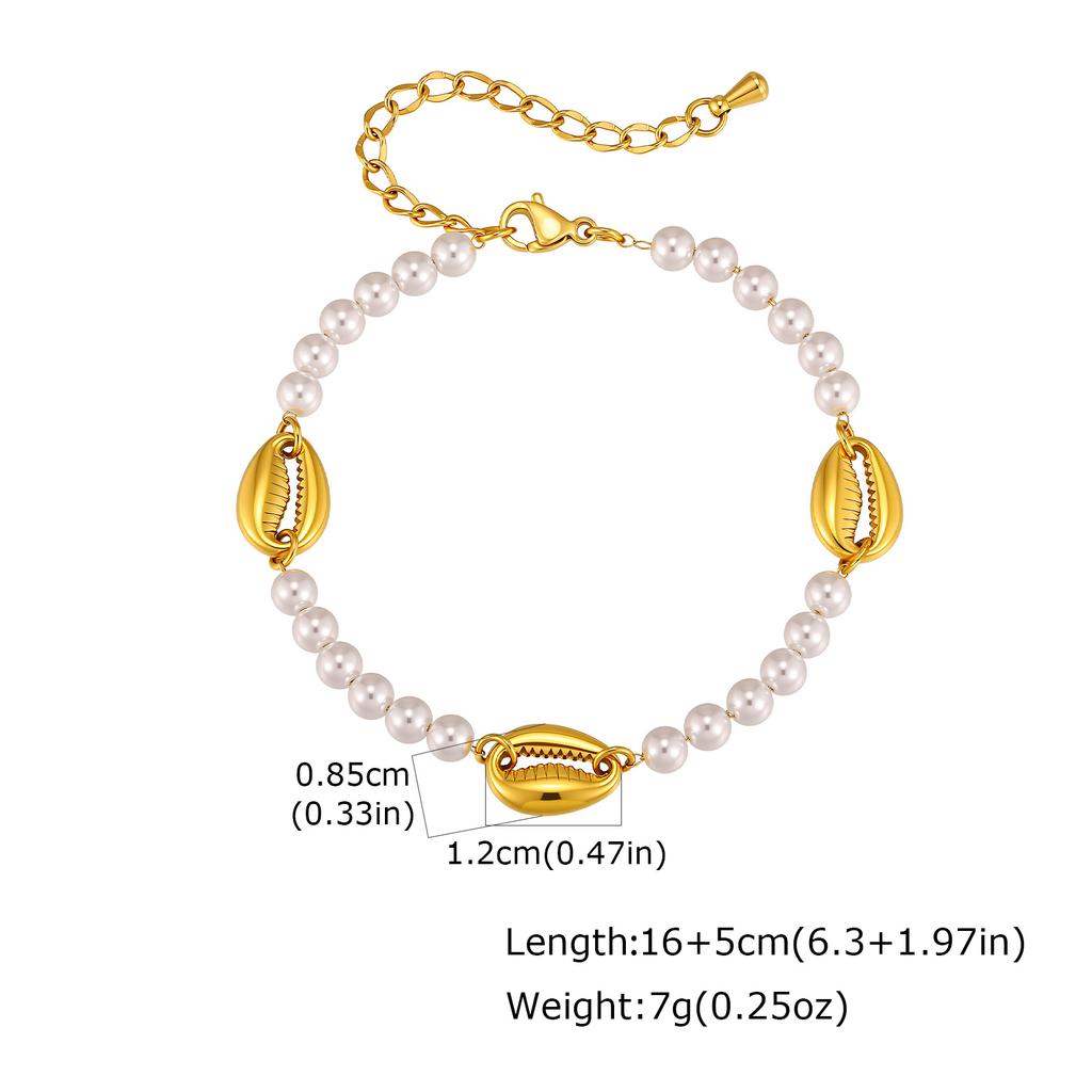 Bohemian Metal Shell Pearl Bracelet for Women Waterproof Stainless Steel Bead Bracelet Summer Beach Vacation Wrist Jewelry 2026