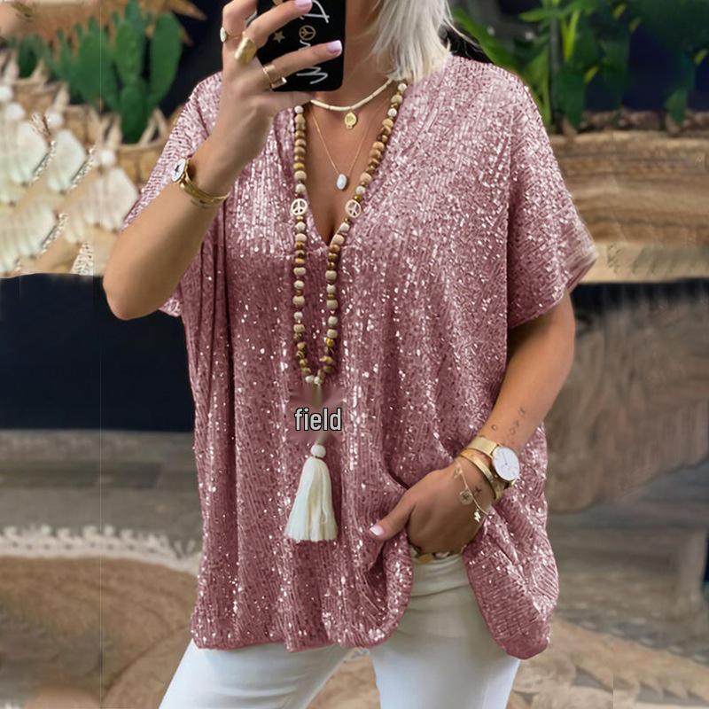 2024 Sommar Paljett V-ringning Avslappnad Lös Passform Kortärmad Damtopp