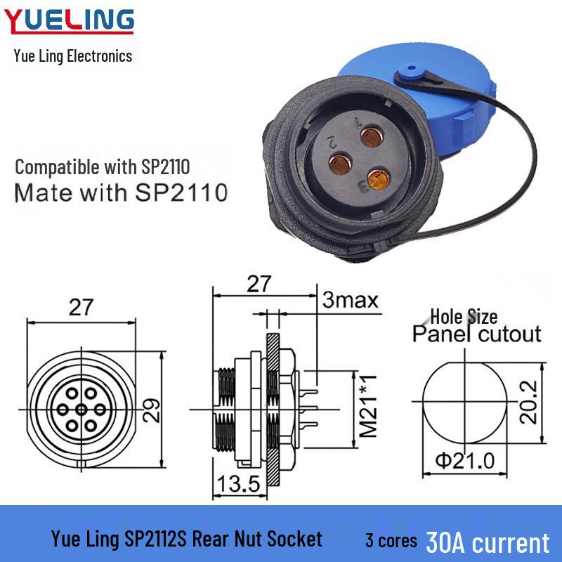 Weipu SP21 IP68 Waterproof 3-Core Aviation Plug with Rear Nut, 9-Pin Solder Connection.