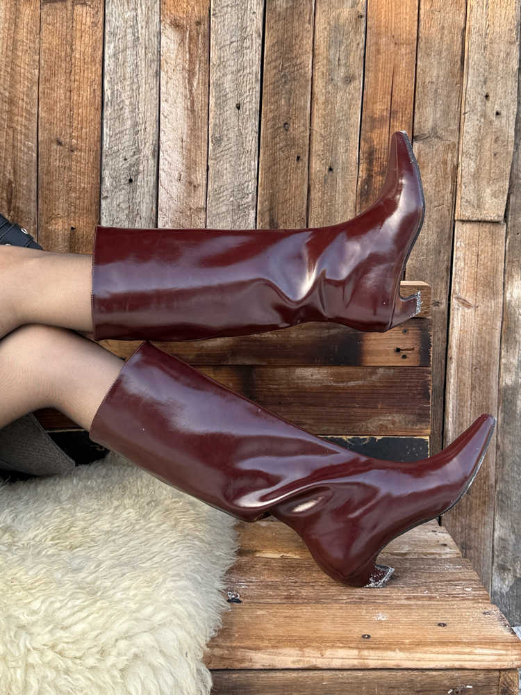 Fashion IPPEUM Knee High Boots For Women Kitten Heel 2025 New Burgundy Boots Leather Shoes