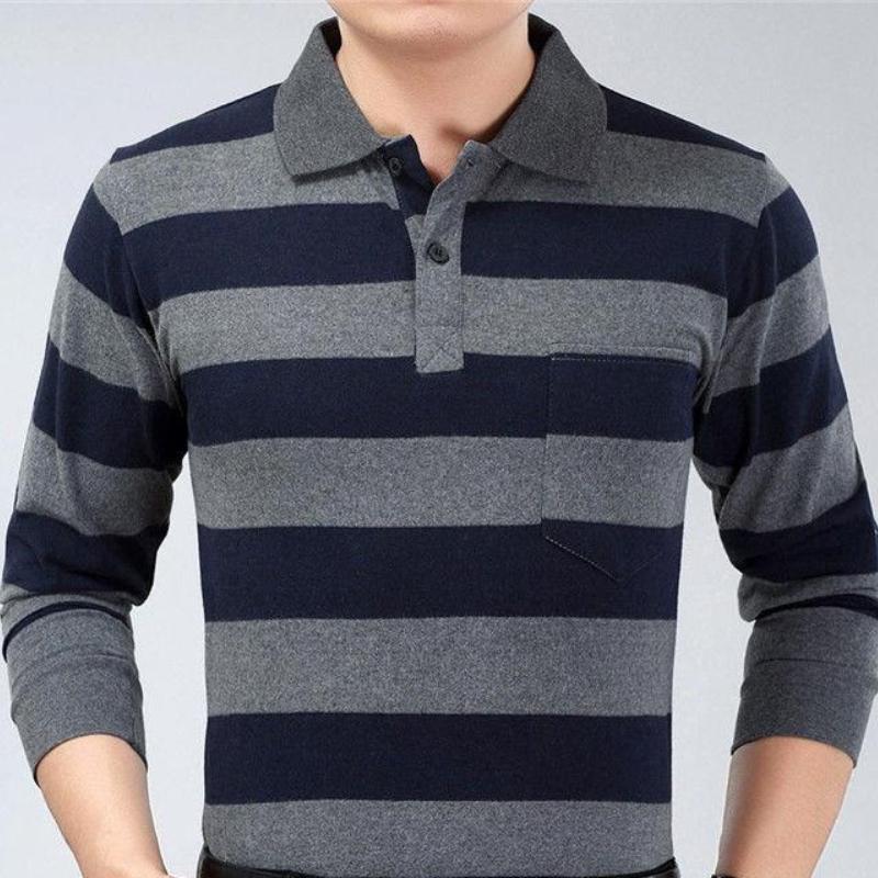 Camisas polo listradas masculinas da moda, novas camisas polo coreanas para negócios, primavera/outono, casuais, manga comprida, bolsos na lapela, roupas masculinas, tops de algodão, 2025