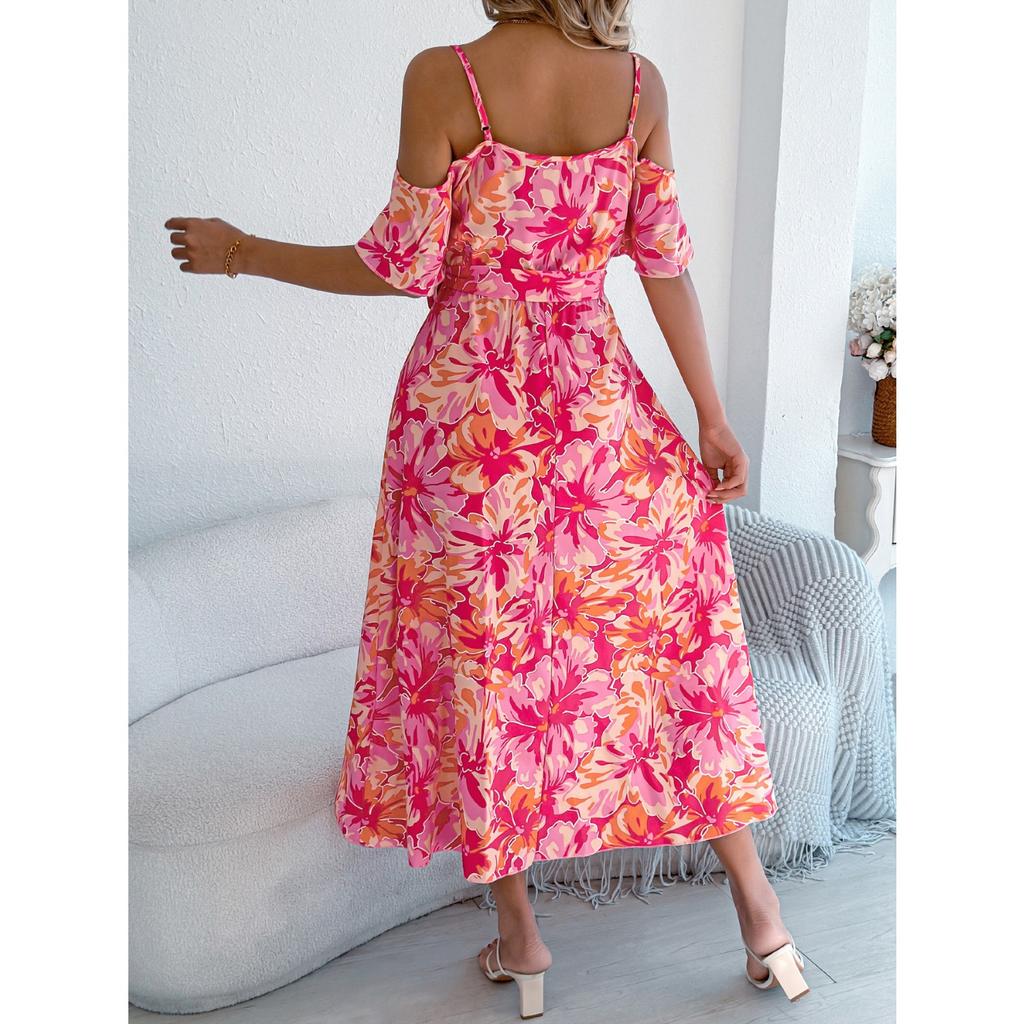 2025 New Fashion Trend Spring Summer Off-the-shoulder Crossover V-Neck Flower Suspendron Maxi Dress Resort Dress Women's