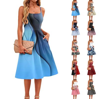 Sleeveless Adjustable Strap Dress with Pockets Floral Print Casual Fashion Midi Length Summer Dress for Women