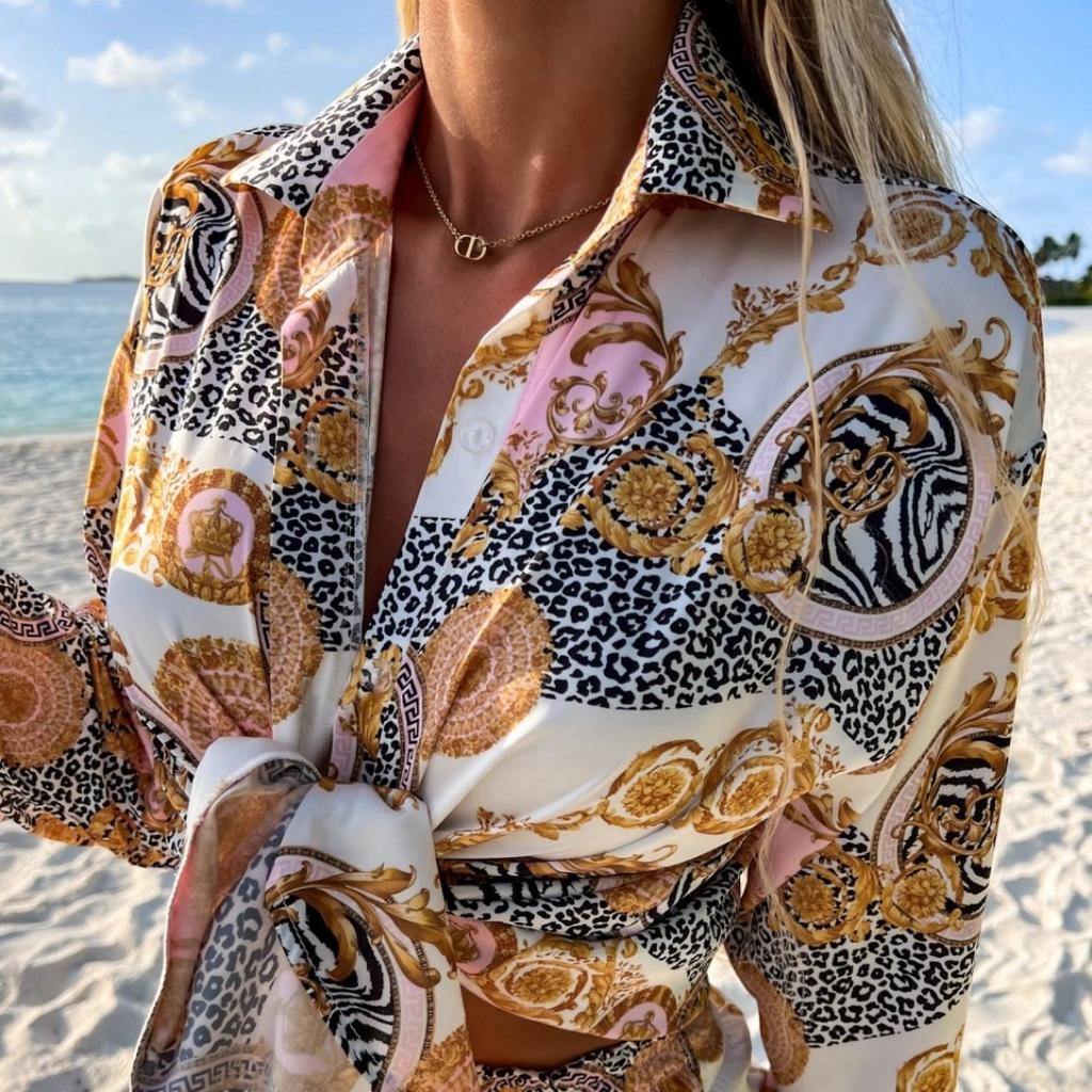 Tooxika New Vacation Style Casual Printed Long Sleeved Shorts Two-piece Set