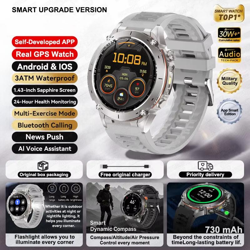 2025 New Outdoor GPS Smart Watch 1.43" AMOLED 10ATM Waterproof Bracelet Compass Sports Tracker BT Call Smartwatch Men For Xiaomi IOS