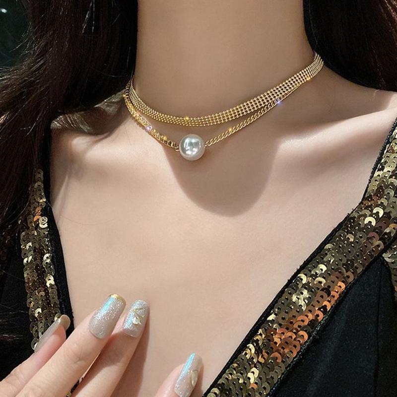 

INS Cool Wind Light Роскошное многослойное двухслойное ожерелье женское винтажное сверкающее бриллиантовое воротник-цепочка Темпераментная подвеска с имитацией жемчуга Тренд