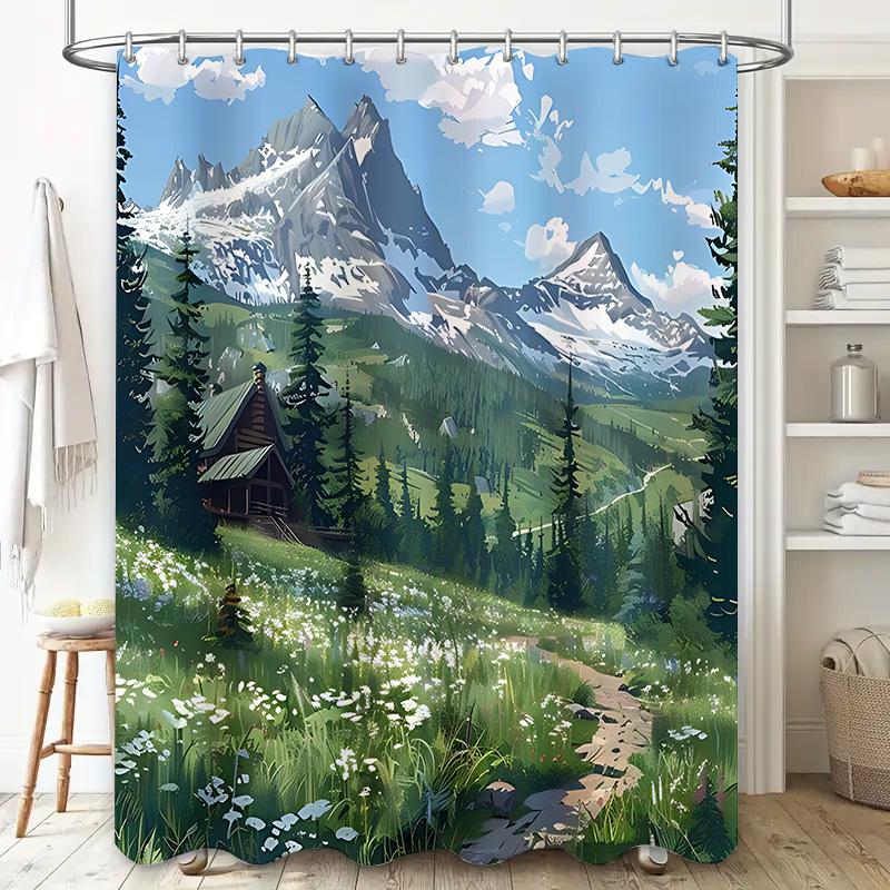 Scenic Mountain Forest Cabin Shower Curtain Nature Inspired Bathroom Decor Featuring Alpine Peaks Flower Fields And Pathway