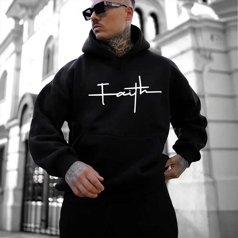 2025 Iconic Streetwear Hoodies for Men Urban Fashion Hip Hop Hooded Sweatshirt Male Trendy Casual Hoody Faith Print Pullover