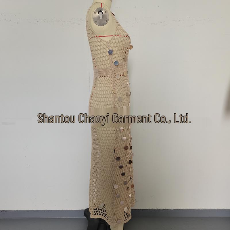 Women's Sequin Long Vacation Dress: Sexy Hollow-Out, Sun Protection Beach Cover-Up