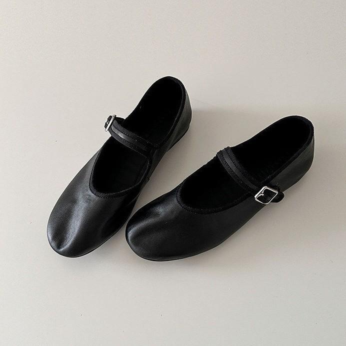 Soft Leather French Minimalist Round Head Shallow Mouth Mary Jane Women's Shoes One-word Buckle Strap Flat Ballet Shoes Commuter Shoes